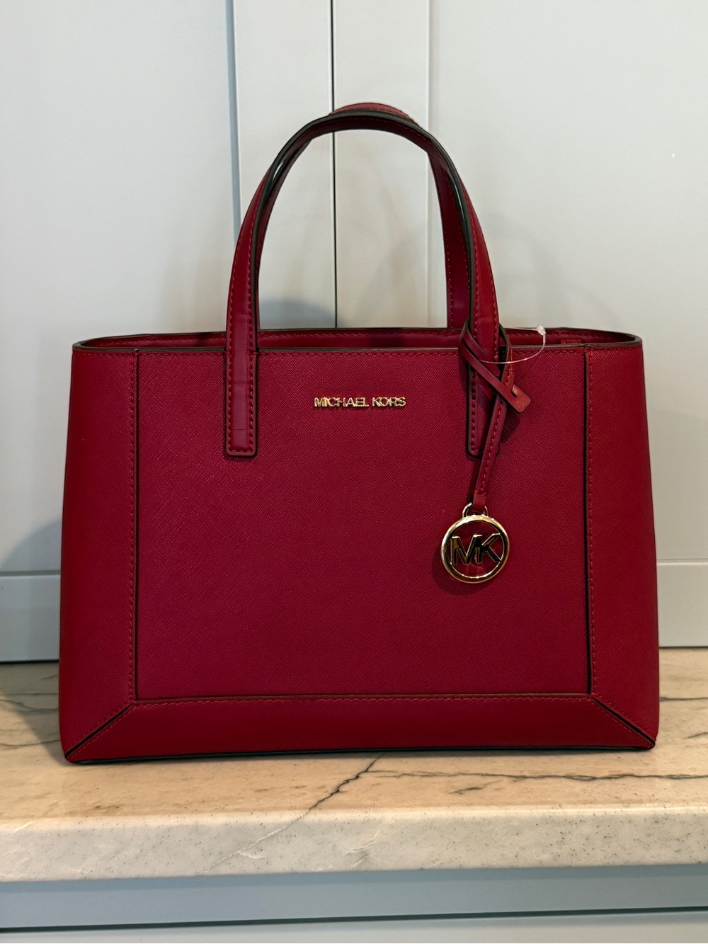 Michael Kors Red Saffiano Satchel with Gold MK Charm